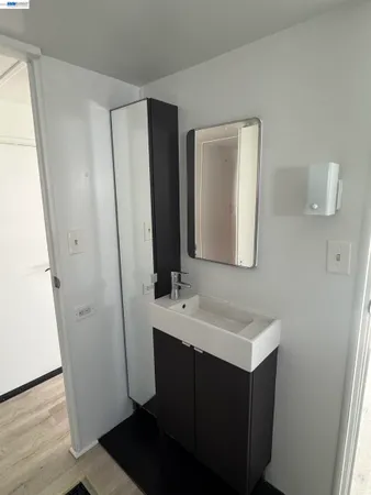 a bathroom with a sink and a mirror