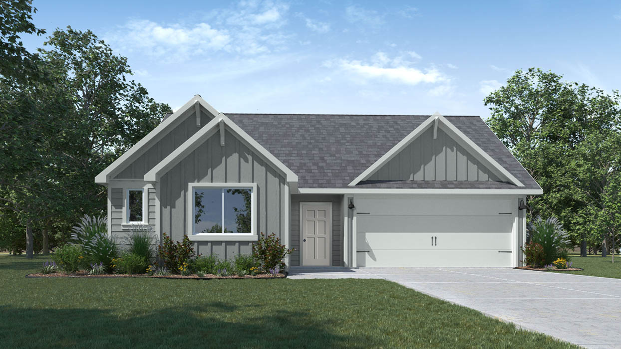 Crafted with board and batten siding, this single-level home offers a welcoming facade with a convenient attached garage.