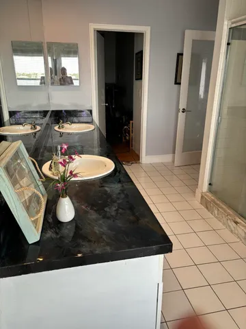 a bathroom with a sink a mirror and a shower