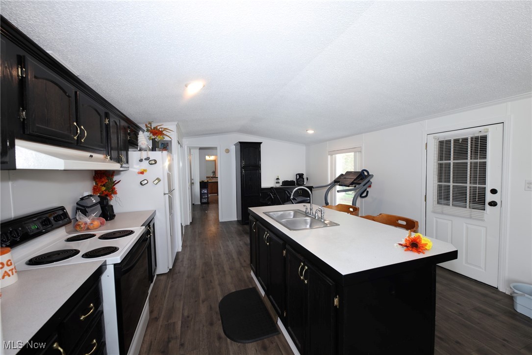 211 Gibson Road New Cumberland, WV 26047 - Photo 8 of 46 Kitchen with dark cabinetry, white electric range oven, dark wood finished floors, light countertops, and vaulted ceiling