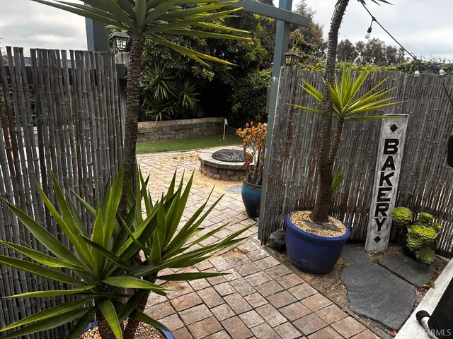 a view of a backyard with plants and a patio