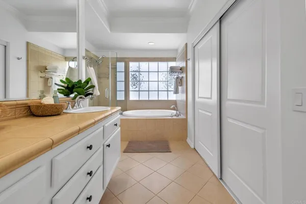 a bathroom with a tub sink and mirror