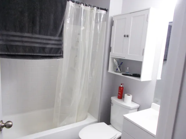 a bathroom with a sink a toilet and shower curtain
