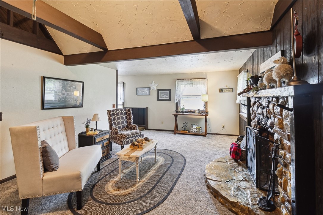 2860 Middle Road Pierpont, OH 44082 - Photo 33 of 50 Living room featuring light carpet, baseboards, a stone fireplace, and a textured ceiling