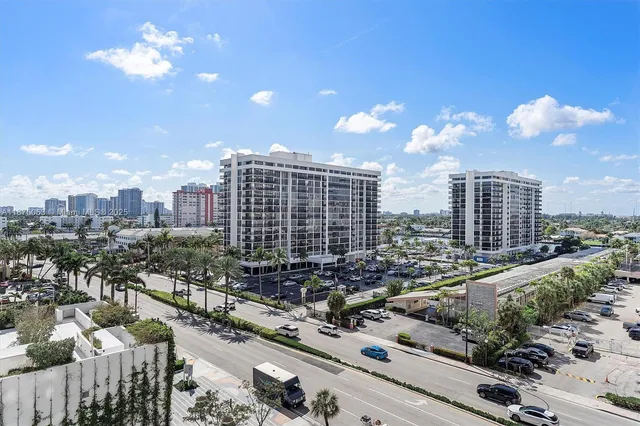 a city view with tall buildings