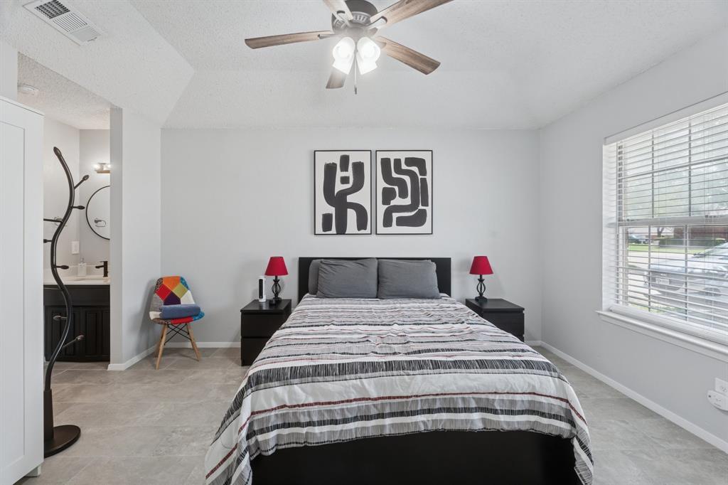 9780 Windy Ridge Road Frisco, TX 75033 - Photo 11 of 25 Spacious bedroom featuring vaulted ceilings, a ceiling fan, and large window with blinds