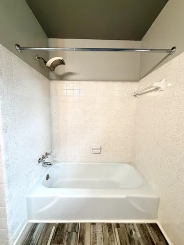 a bathroom with a shower and a bath tub