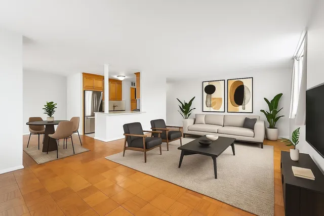 a living room with furniture kitchen view and a potted plant