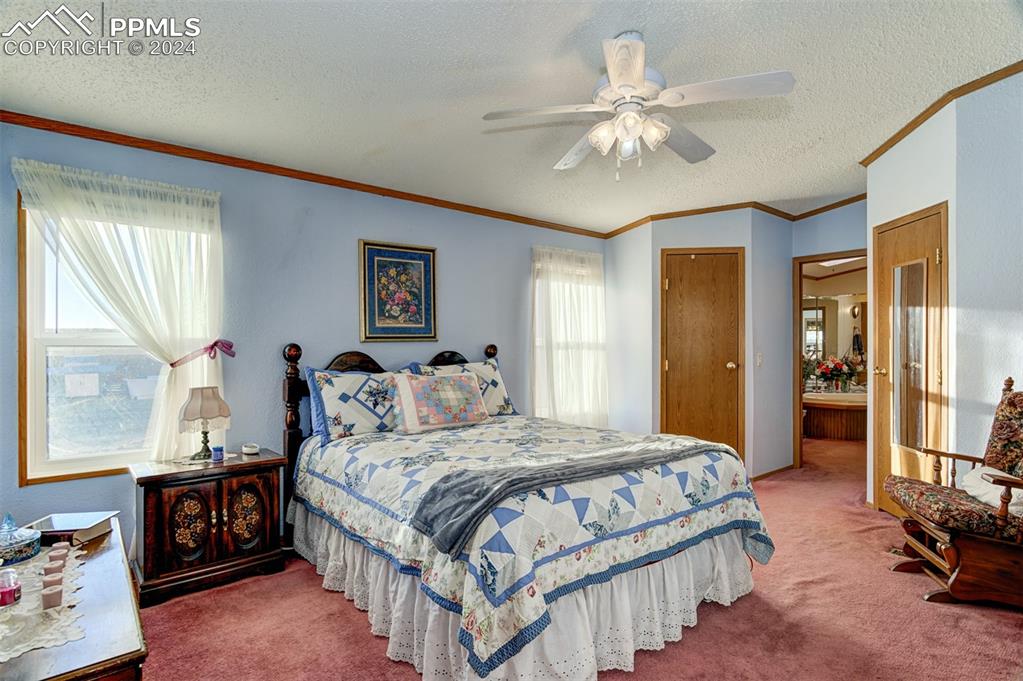 34170 Big Springs Road Yoder, CO 80864 - Photo 17 of 35 a bedroom with a bed and a chandelier