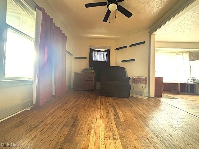 805 Rudyard Road Cleveland, OH 44110 - Photo 13 of 45 Living area with hardwood / wood-style floors, a ceiling fan, and a textured ceiling