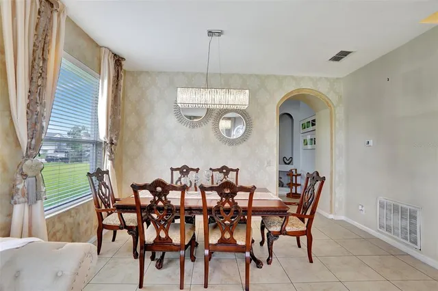 a view of a dining room with furniture window and outside view
