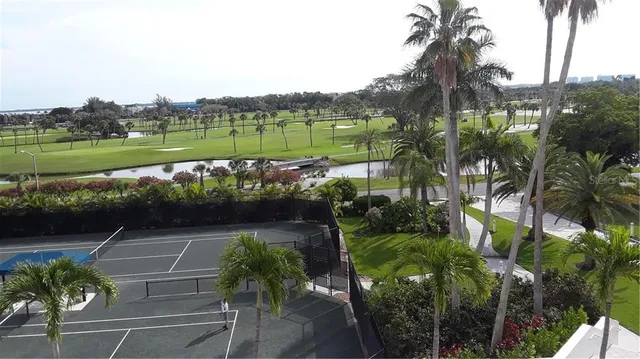 a view of a lake with a park
