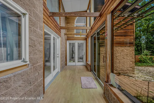 a view of wooden balcony