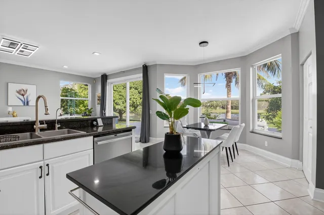 a view of a lake with houses in the back