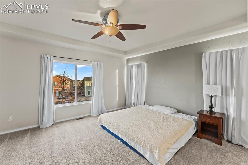 10173 Angeles Road Peyton, CO 80831 - Photo 22 of 50 a bedroom with a large bed and a chandelier fan