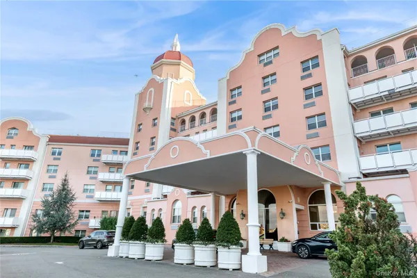 front view of a building with a street