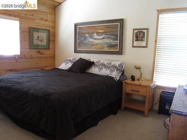 17375 Star Ridge Road Twain Harte, CA 95383 - Photo 13 of 24 Wood paneling accent wall, vaulted ceiling, window with blinds, carpeted flooring
