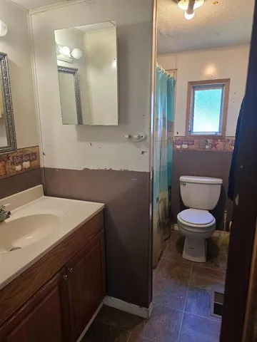 a bathroom with a toilet a sink and mirror