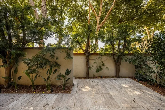 a view of a swimming pool with lawn chairs and plants