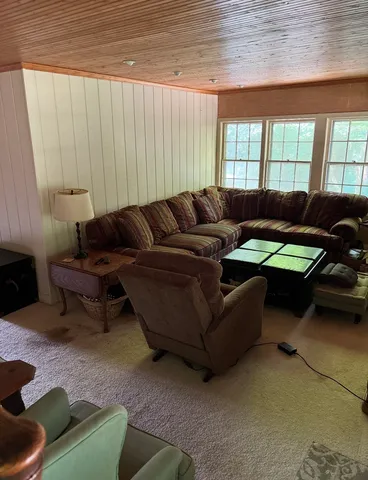 a view of a yard with plants and trees