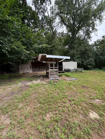 a view of a big yard with plants and large trees