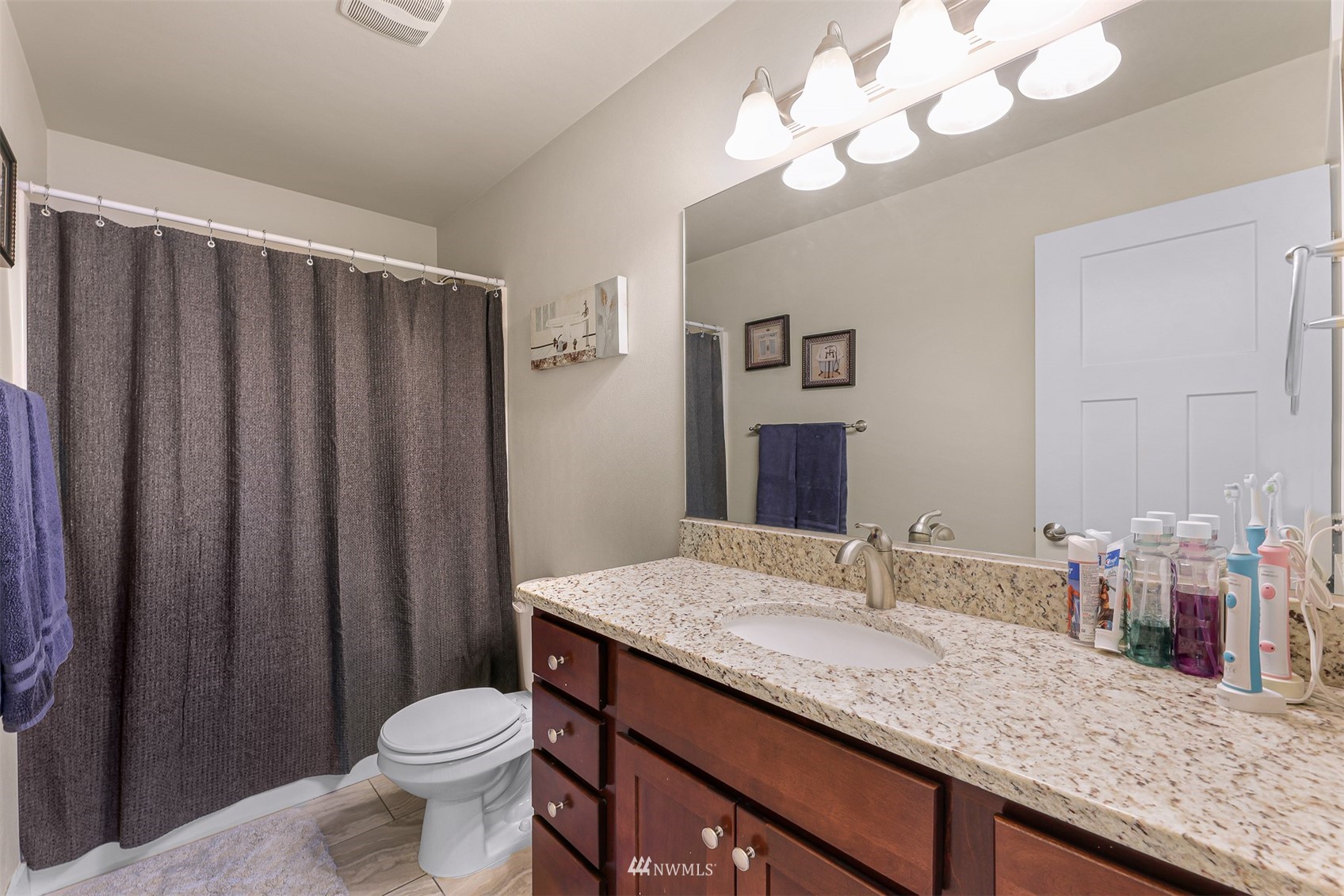 4601 Hall Road Blaine, WA 98230 - Photo 28 of 39 a bathroom with a granite countertop sink a toilet and a mirror