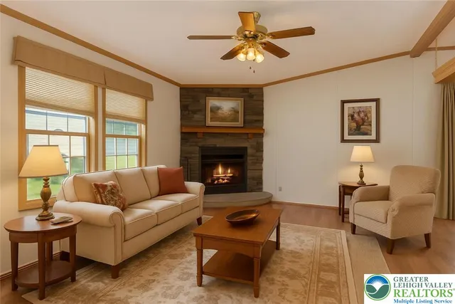 a living room with furniture and a fireplace