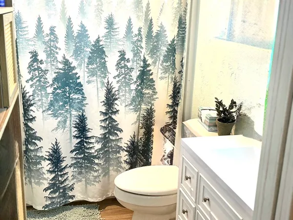 a bathroom with a toilet sink and mirror