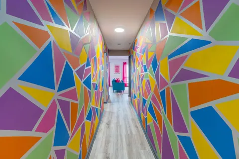 a view of an outdoor space with a swimming pool