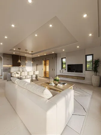 a room with stainless steel appliances lots of white furniture a window and a kitchen view