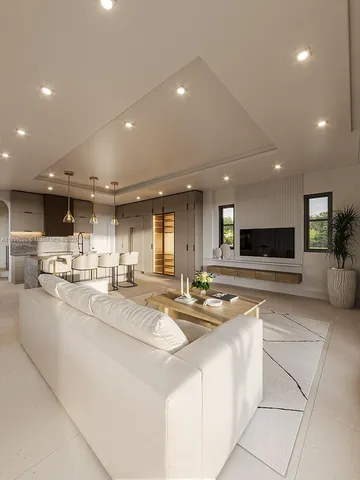 a room with stainless steel appliances lots of white furniture a window and a kitchen view