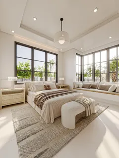 a spacious bedroom with a large bed and a large window