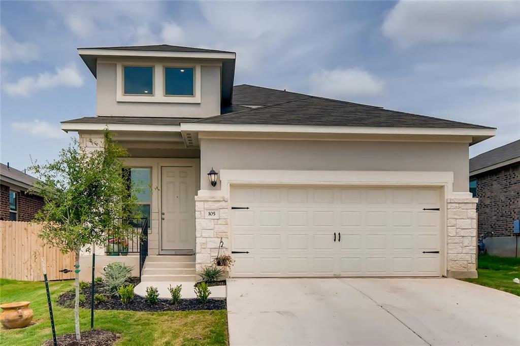 View of front of home featuring stone siding, stucco siding, driveway, an attached garage, and roof with shingles