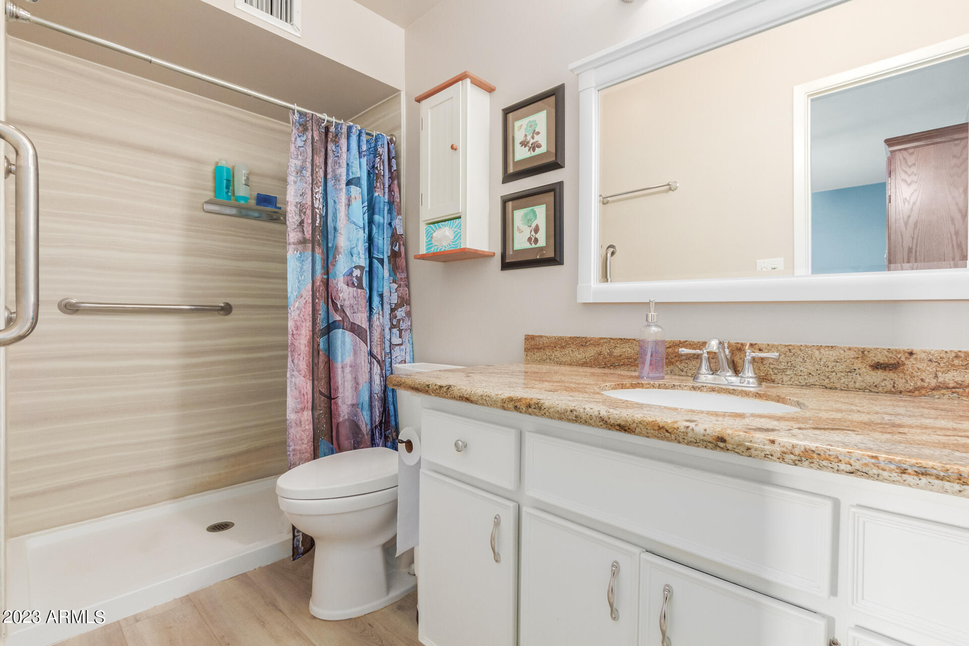 5646 East Decatur Street Mesa, AZ 85205 - Photo 15 of 51 a bathroom with a granite countertop sink toilet and shower
