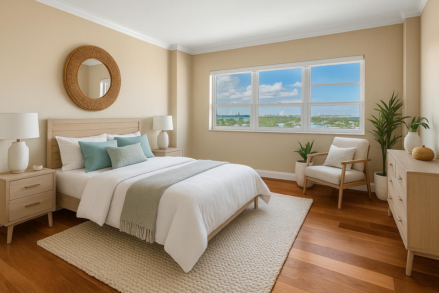 2500 East Las Olas Boulevard, Unit 802 Fort Lauderdale, FL 33301 - Photo 33 of 67 a bedroom with a bed a mirror and a large window