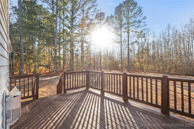 a view of balcony with wooden floor and fence