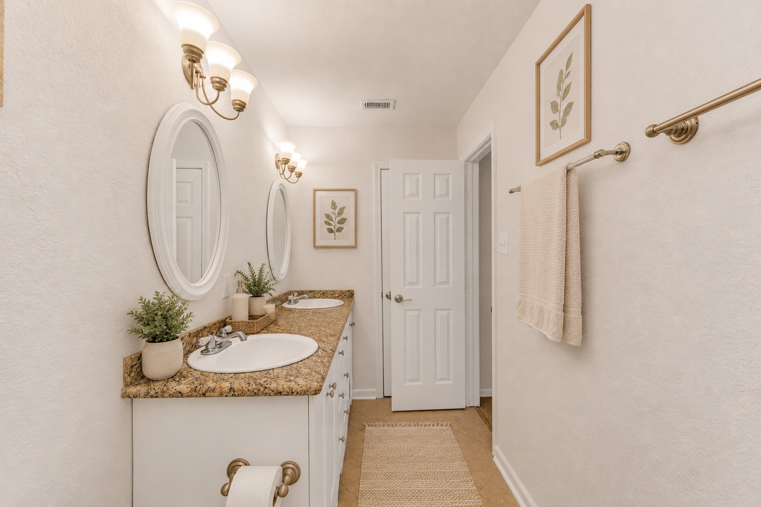 12528 Labrador Cove Austin, TX 78729 - Photo 33 of 40 This well-appointed secondary bathroom offers a clean, bright design with dual vanities, granite countertops, and ample storage, creating a functional space for family and guests alike. The photo has been virtually enhanced to illustrate a light Pottery Barn-inspired staging concept, featuring soft neutral accents, natural textures, and subtle décor that complement the room’s timeless finishes. The thoughtful layout and generous counter space provide both convenience and style, making everyday routines effortless and comfortable.