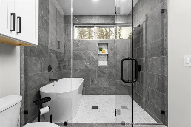 a bathroom with a shower and toilet