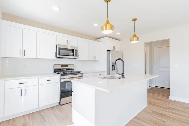 a kitchen with stainless steel appliances granite countertop a stove a sink dishwasher a refrigerator and white cabinets with wooden floor