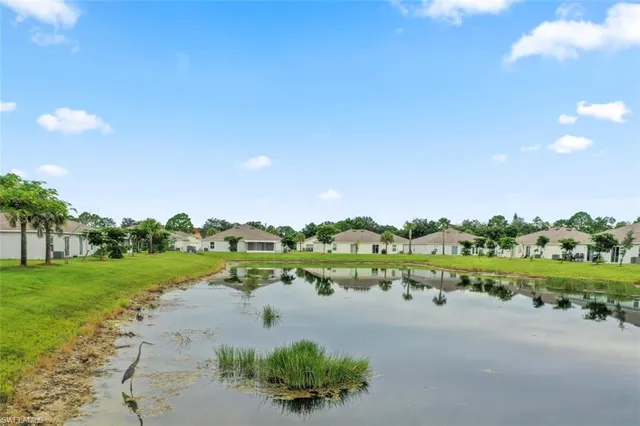 a view of a lake with houses in the back