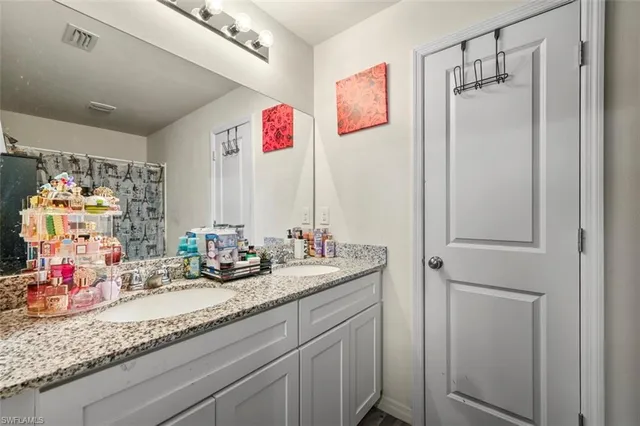 a bathroom with a sink vanity mirror and a shower