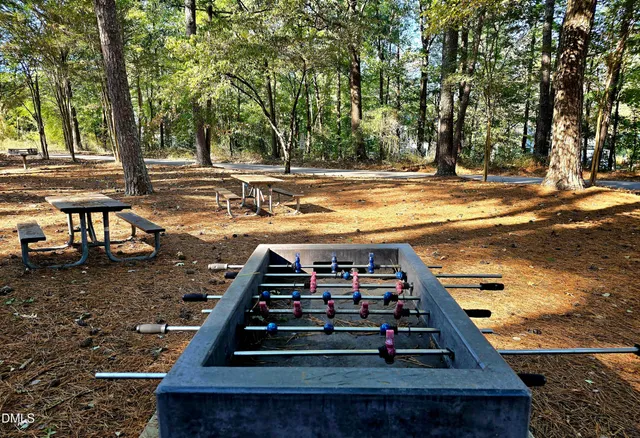 a view of a backyard with chairs and a stove