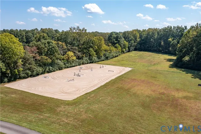 an aerial view of a swimming pool