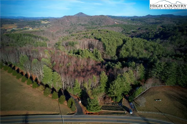 an aerial view of green landscape with trees houses and mountain view