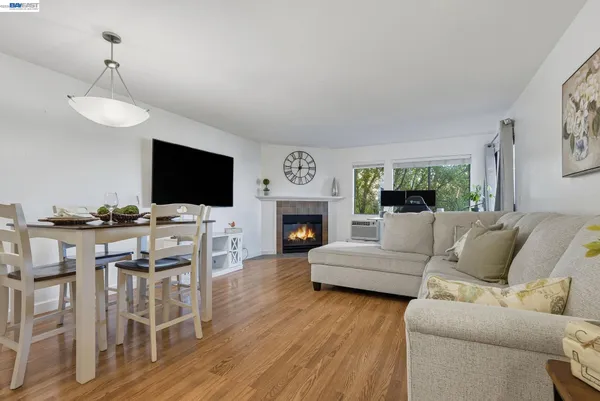 a living room with furniture a flat screen tv and a fireplace