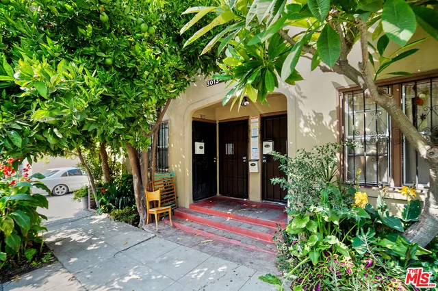 a view of a house with potted plants and a large tree
