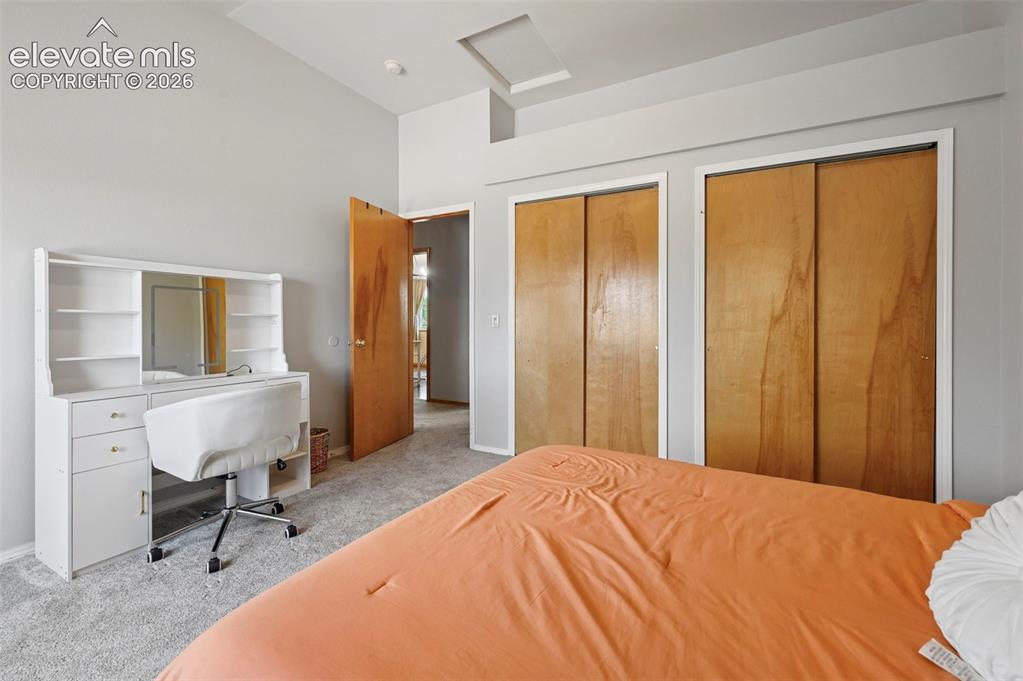 8347 Tibbs Road Peyton, CO 80831 - Photo 13 of 39 Carpeted bedroom featuring two wood-finish sliding door closets, a single wood-finish door, and a vaulted ceiling with a skylight