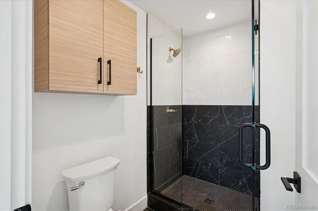 a bathroom with a shower and toilet