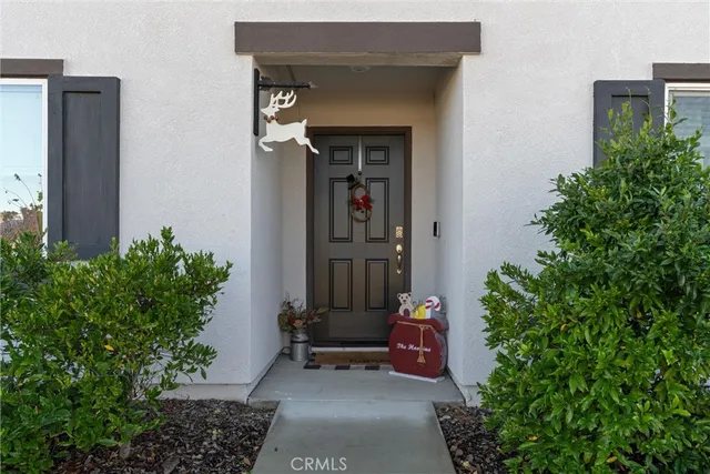 view of a house with potted plants in front of door
