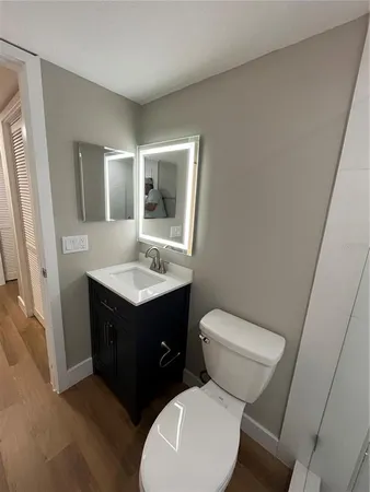 a bathroom with a sink vanity mirror and toilet